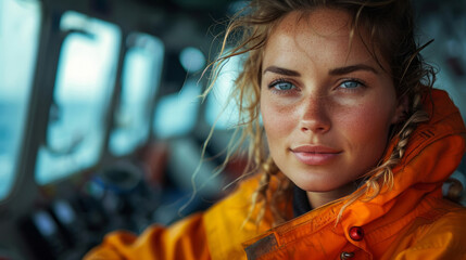 Wall Mural - Portrait of empowered female maritime professional at work. Hard working woman at the ship. Maritime concept. Work concept. Woman concept.