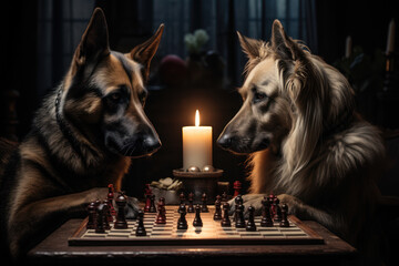 Poster - A dog and cat playing chess, offering a humorous take on animal intelligence. Concept of intelligent animal humor. Generative Ai.