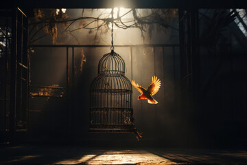 Poster - A shadow of a bird in a cage with an open door, symbolizing the feeling of entrapment and desire for freedom. Concept of desire for freedom. Generative Ai.