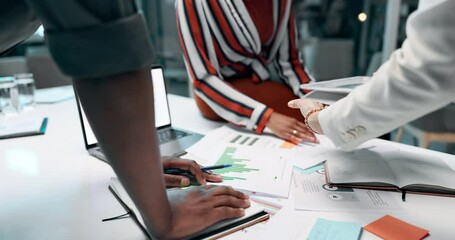 Aufkleber - Teamwork, tablet and hands of business people with graph for planning, analysis or online research. Office, collaboration and workers with laptop, chart and report for meeting and discussion