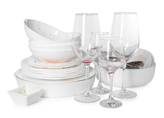 Sticker - Many dirty dishes and glasses isolated on white