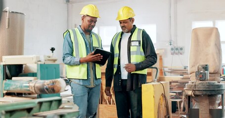 Poster - Construction, teamwork and people shaking hands in warehouse with tablet for planning project. Manufacturing, deal and handshake for collaboration on industrial business or commitment to cooperation