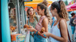 A delightful scene of three young ladies purchasing delicious meatballs from a street vendor during their outdoor culinary adventure.