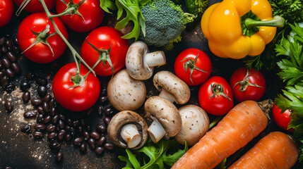 Organic food - delicious healthy meal of fresh veggies with mushrooms and black beans