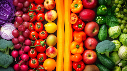 A harmonious array of vibrant colors and textures from fresh produce. Ripe fruits and vegetables arranged to create a beautiful collage that showcases the bounty of nature.