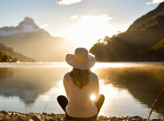 Canvas Print - Young woman relaxing on the shore of the lake at sunset, at summer vacation. Copy space on the sky between the mountains. Travel to the field.