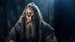 A portrait of an old viking man with a long beard, blue eyes and blue clothing.