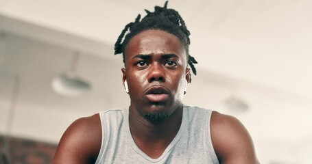 Canvas Print - Gym, fitness and face of tired man with earphones for streaming while on a breathing break from intense exercise. Portrait, sweating and African athlete with sports, fatigue or performance resilience