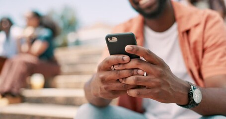 Aufkleber - Student, hands and phone for university, college or campus news, social media and communication. Person on stairs outdoor with mobile for chat, contact and online course information, FAQ or education