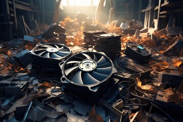 Wall Mural - Broken abandoned bitcoin miner device in a crypto mining farm. Photorealistic.