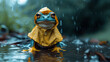A frog in a raincoat and boots, ready for a fashionable splash.