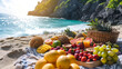 healthy fruit basket on the beach