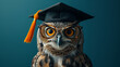 An owl in a graduation cap and glasses, looking wise and fashionable.
