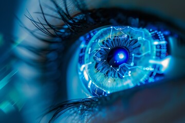 Poster - A close-up depicts a human eye interlaced with futuristic circuitry, illustrating the blend of biology and technology in a cybernetic vision.