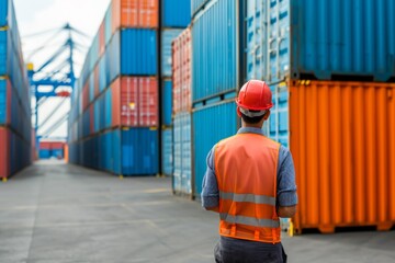 Poster - A worker in a hard hat surveys the colorful array of shipping containers, ready to coordinate their logistics.