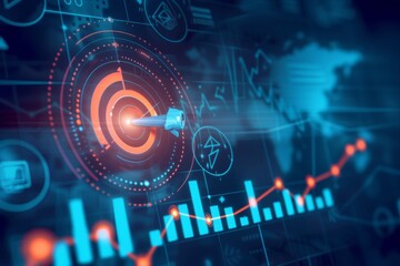 Poster - This image illustrates the concept of targeting accuracy in data analysis, symbolized by a dart hitting the bullseye amid digital graphs and global network patterns.