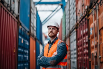 Poster - A confident professional in high-visibility gear oversees operations at a bustling container terminal, ensuring safety and efficiency.