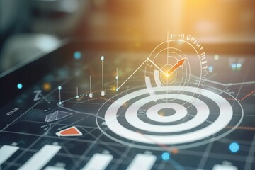 Poster - This image showcases a modern digital interface with data analytics visualization, depicting metrics such as growth trends and performance targets in a high-tech corporate setting.