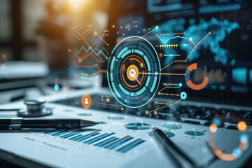 Poster - A futuristic depiction of analytics and data management with holographic charts hovering over a workstation, symbolizing advanced business intelligence.
