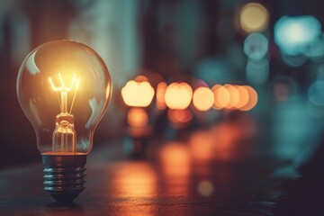 Poster - a lone, glowing bulb stands bright against a bokeh of soft lights, symbolizing a single idea amidst 