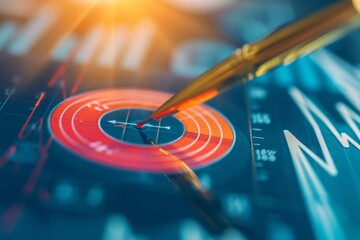 Poster - The gold pen on the bullseye symbolizes precision amidst financial charts, highlighting the importance of targeted goals in the world of finance.