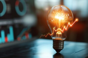 Poster - an illuminated light bulb with a glowing filament symbolizes a bright idea, superimposed with an upw