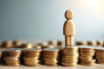 A wooden figure stands tall amidst a sea of gold coins, symbolizing the journey of financial growth and the achievement of wealth.