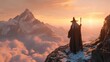 Misty mountain with a wizard on top at sunrise. Fantasy and adventure concept.