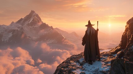 Misty mountain with a wizard on top at sunrise. Fantasy and adventure concept.