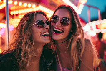 Best Friends Laughing Together at Carnival with Neon Lights