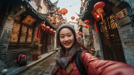 Wall Mural - A young girl taking selfie in old town street with Chinese lunar new year decoration.