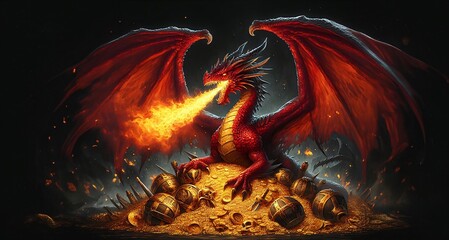 Dragon with flame sitting on the gold illustration 