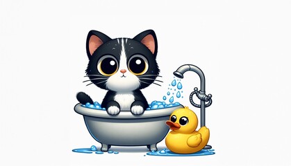  Black and white cat, cartoon character illustration in a bath