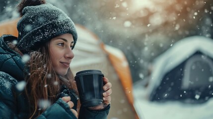 A beautiful young female enjoying her coffee in snow field in cold winter.