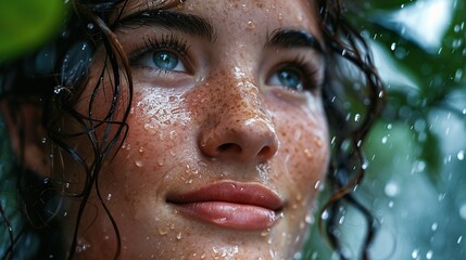 Sticker - Capture the vulnerability of a woman standing in the pouring rain, with droplets mixing with tears on her cheeks, conveying a sense of emotional