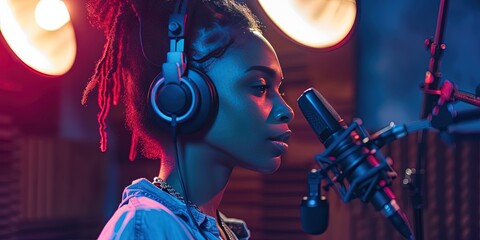 Black woman singer/rapper in the recording studio on the microphone