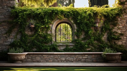 Garden wall with hanging vines and a vibrant lawn