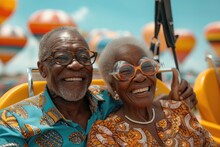 Senior Couple In Goggles Enjoying Parasailing Over The Ocean.