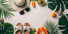 Top View Beach Holiday Hat Shoes Sunglasses Fruit And Tropical Plants, Minimal Fashion Summer Holiday Concept. Flat Lay