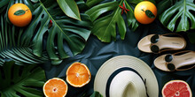 Top View Beach Holiday Hat Shoes Sunglasses Fruit And Tropical Plants, Minimal Fashion Summer Holiday Concept. Flat Lay