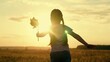 Cute little girl running with windmill pinwheel rotate toy at summer field sunset sunrise sky back view slowmo. Female kid child spinning wind turning plaything freedom childhood countryside meadow