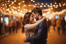 Young Smiling Couple Dancing On The Street At Beautiful Night With Bokeh Lights In The Background, Valentine's Day, Anniversary, In Love Man And Woman