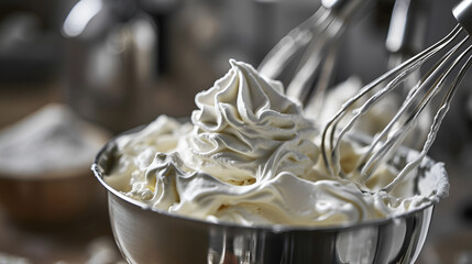 Wall Mural - whisk with cream and bowl with white cream close-up