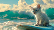 a white cat with blue eyes surfs on a board in the ocean against a background of beautiful white clouds with space for text