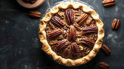 Poster - pecan pie on black background with space for text top view