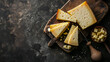 Emmentaler cheese with copy space close-up, on a wooden board on a dark background with space for text