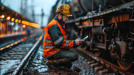 Wall Mural - ngineer train is monitoring the construction process of tanker trains and inspecting train work on train stations with tablets. Engineers wear safety suits and helmets to work.