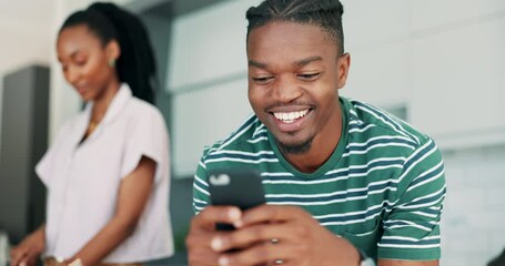 Poster - Man, phone and laughing for communication, kitchen and internet for funny meme or typing. Black couple, happy and scrolling on social media and woman cooking at home, nutrition and healthy meal