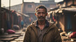 a man with a background in a slum environment