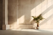 Empty room, empty wall, column emerging from the wall, palm tree in a vase on the side, sunlight entering the room, shadow
